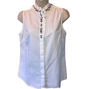 J. Crew Women 6 Blouse Sleeveless White 100% Cotton Ruffle Detail with Jewels